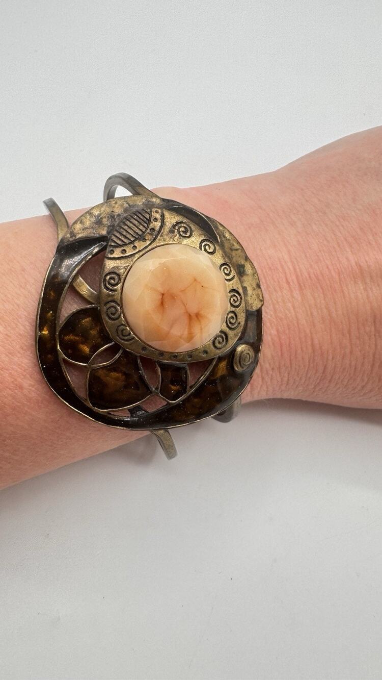 Vintage Artisan Mixed Metal Enamel Stone Cuff Bracelet Boho Statement Jewelry